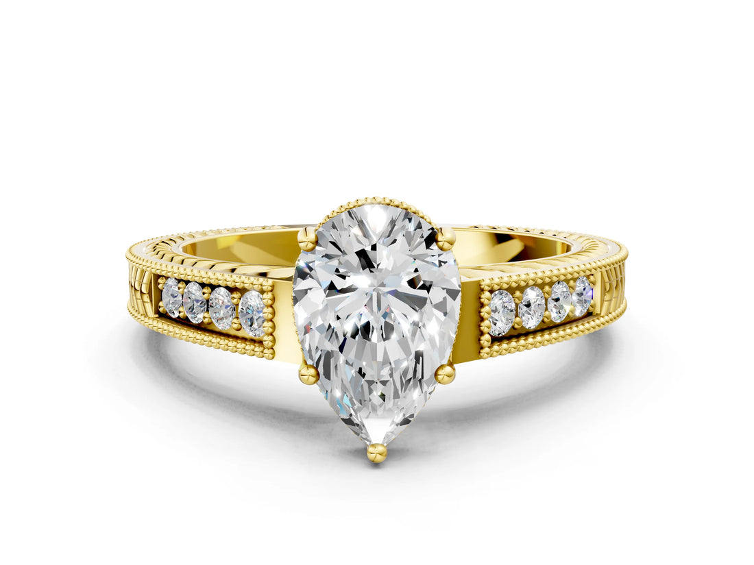 Yellow gold Pear Cut Cut Diamond Milgrain Pave Band Four-Prong Setting Ring_3