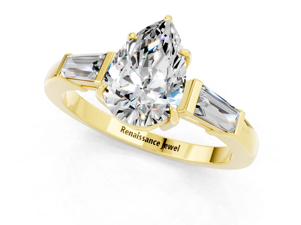 Yellow gold Pear Cut Moissanite Three-Stone Ring with Tapered Baguette Side Stones and Prong Setting