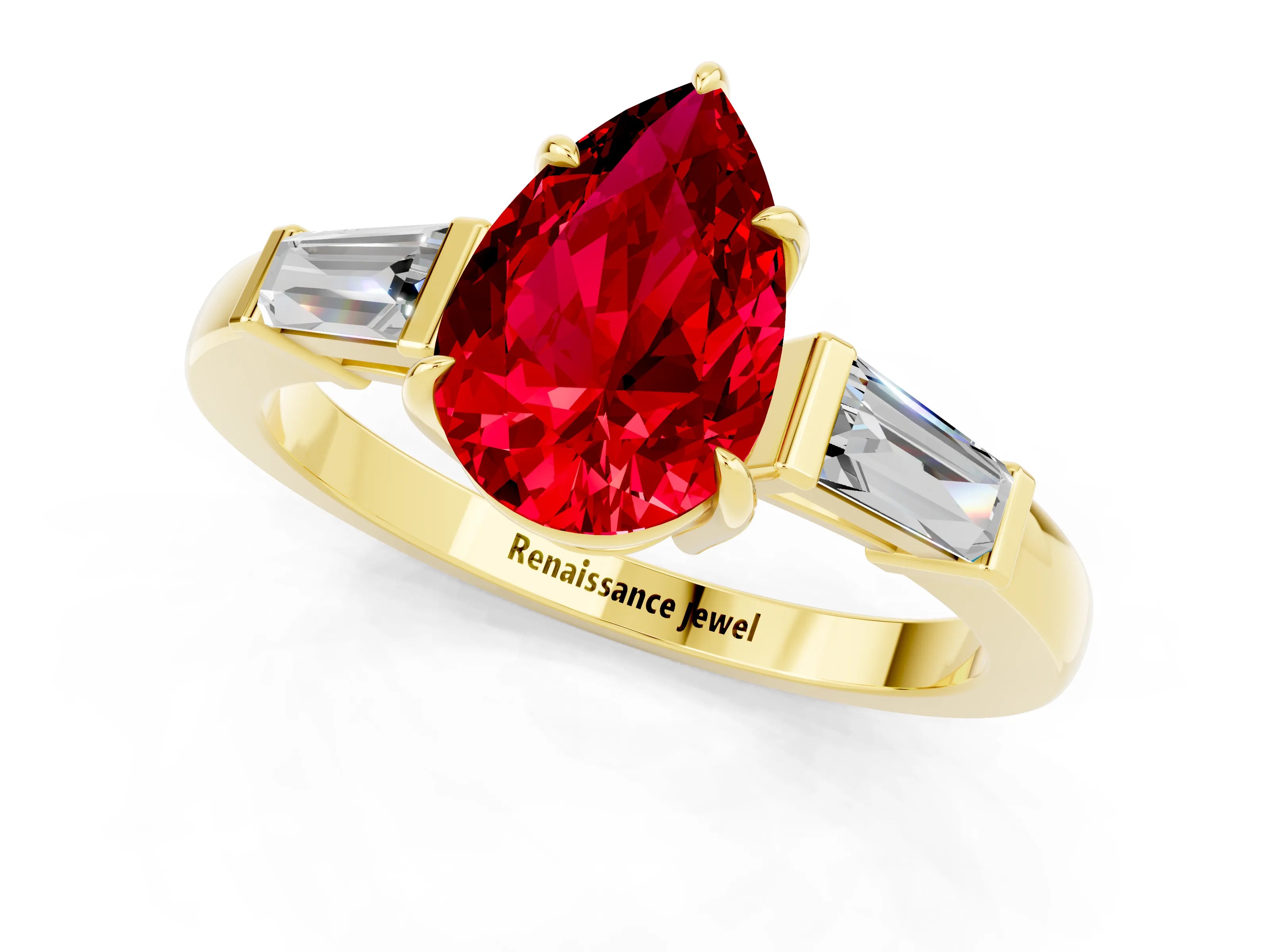 Yellow gold Pear Cut Cut Diamond Ring with Tapered Baguette Side Stones in Four-Prong Setting_1