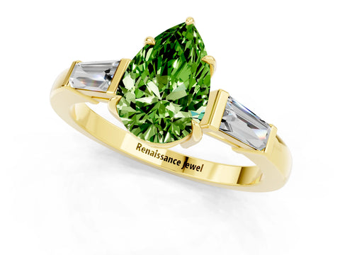 Yellow gold Pear Cut Cut Diamond Ring with Tapered Baguette Side Stones in Four-Prong Setting_1