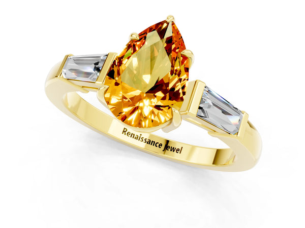 Yellow gold Pear Cut Citrine Three-Stone Ring with Tapered Baguette Side Stones and Prong Setting