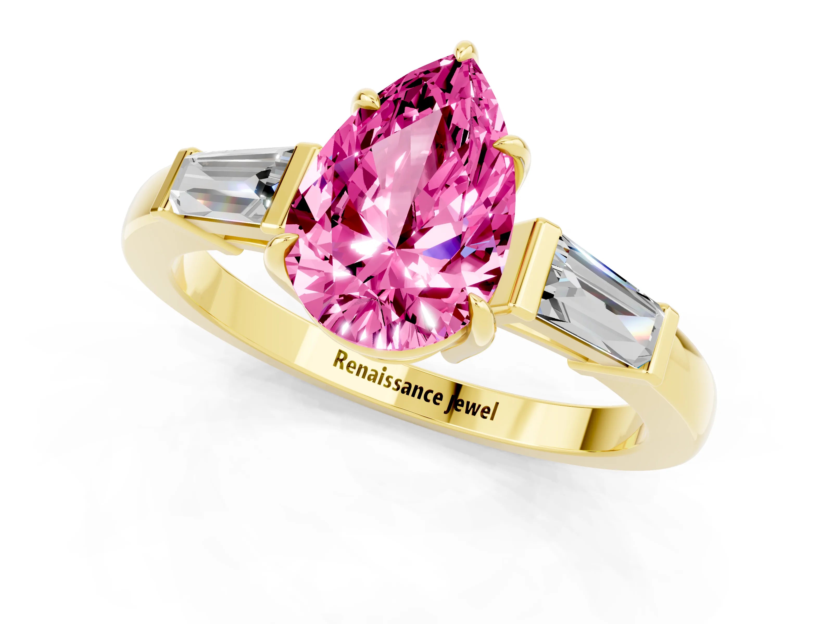 Yellow gold Pear Cut Cut Diamond Ring with Tapered Baguette Side Stones in Four-Prong Setting_1