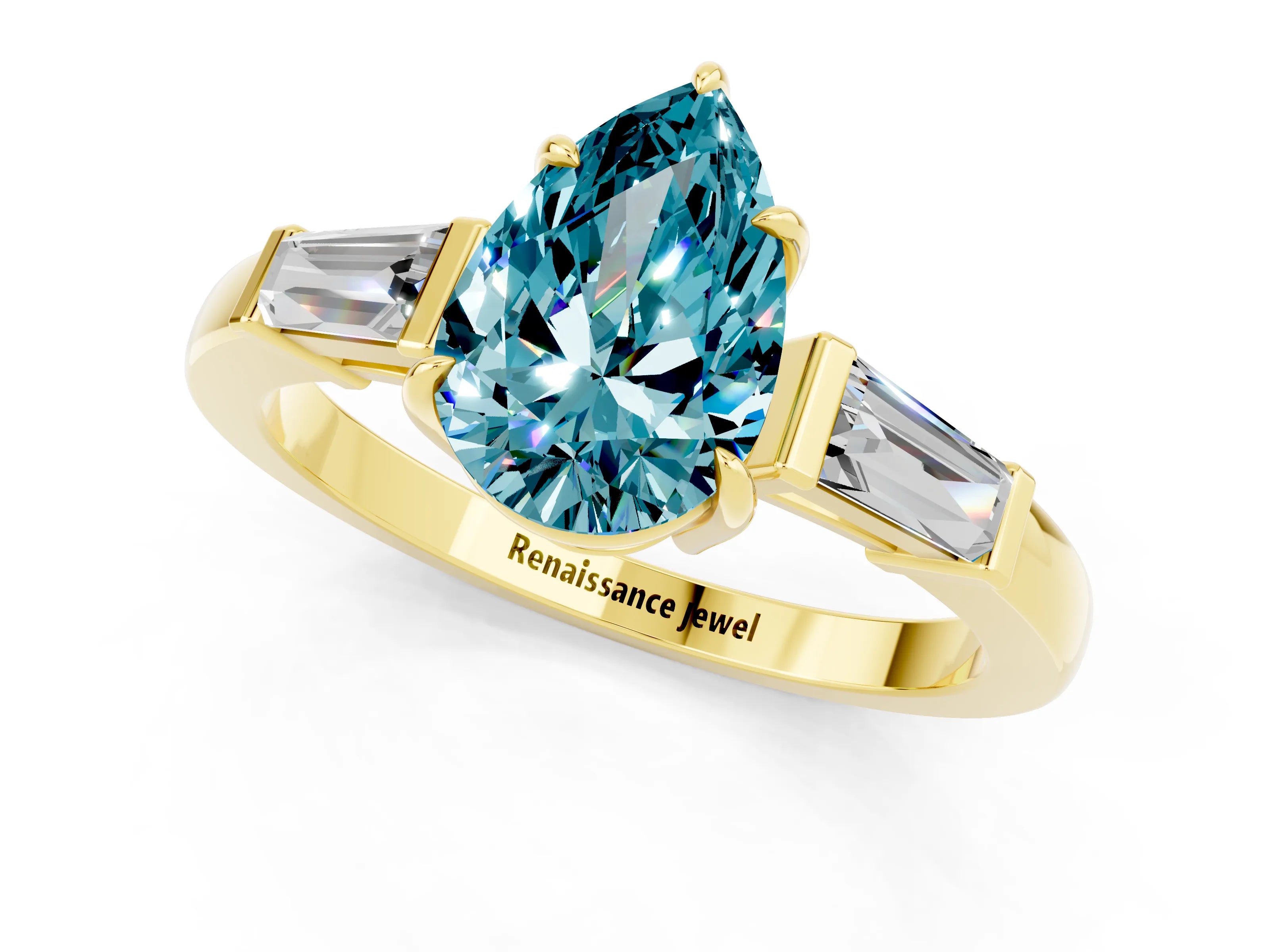Yellow gold Pear Cut Cut Diamond Ring with Tapered Baguette Side Stones in Four-Prong Setting_1