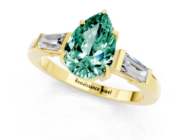 Yellow gold Pear Cut Green Sapphire Three-Stone Ring with Tapered Baguette Side Stones and Prong Setting