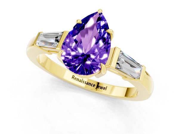 Yellow gold Pear Cut Tanzanite Three-Stone Ring with Tapered Baguette Side Stones and Prong Setting