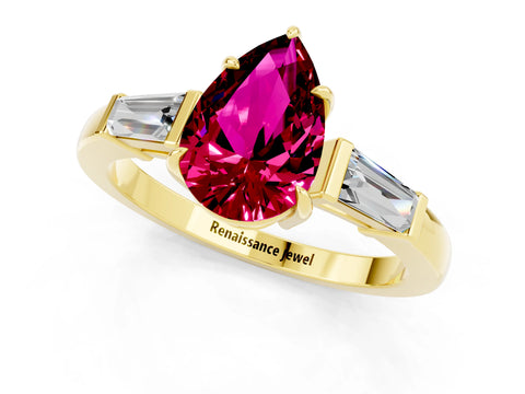 Yellow gold Pear Cut Cut Diamond Ring with Tapered Baguette Side Stones in Four-Prong Setting_1
