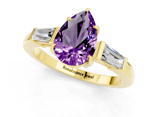 Yellow gold Pear Cut Amethyst Three-Stone Ring with Tapered Baguette Side Stones and Prong Setting