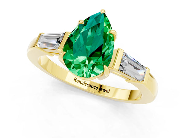 Yellow gold Pear Cut Emerald Three-Stone Ring with Tapered Baguette Side Stones and Prong Setting