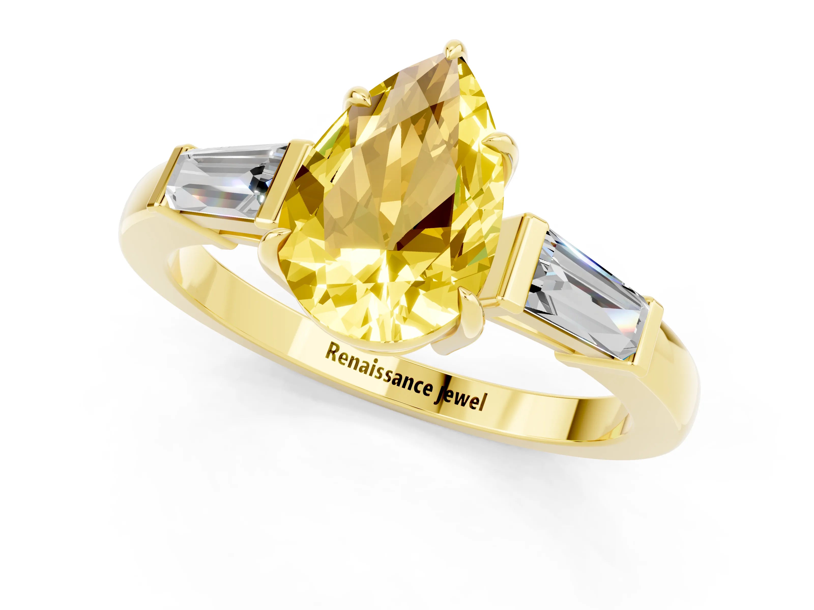Yellow gold Pear Cut Cut Diamond Ring with Tapered Baguette Side Stones in Four-Prong Setting_1
