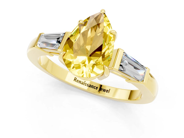 Yellow gold Pear Cut Yellow Sapphire Three-Stone Ring with Tapered Baguette Side Stones and Prong Setting