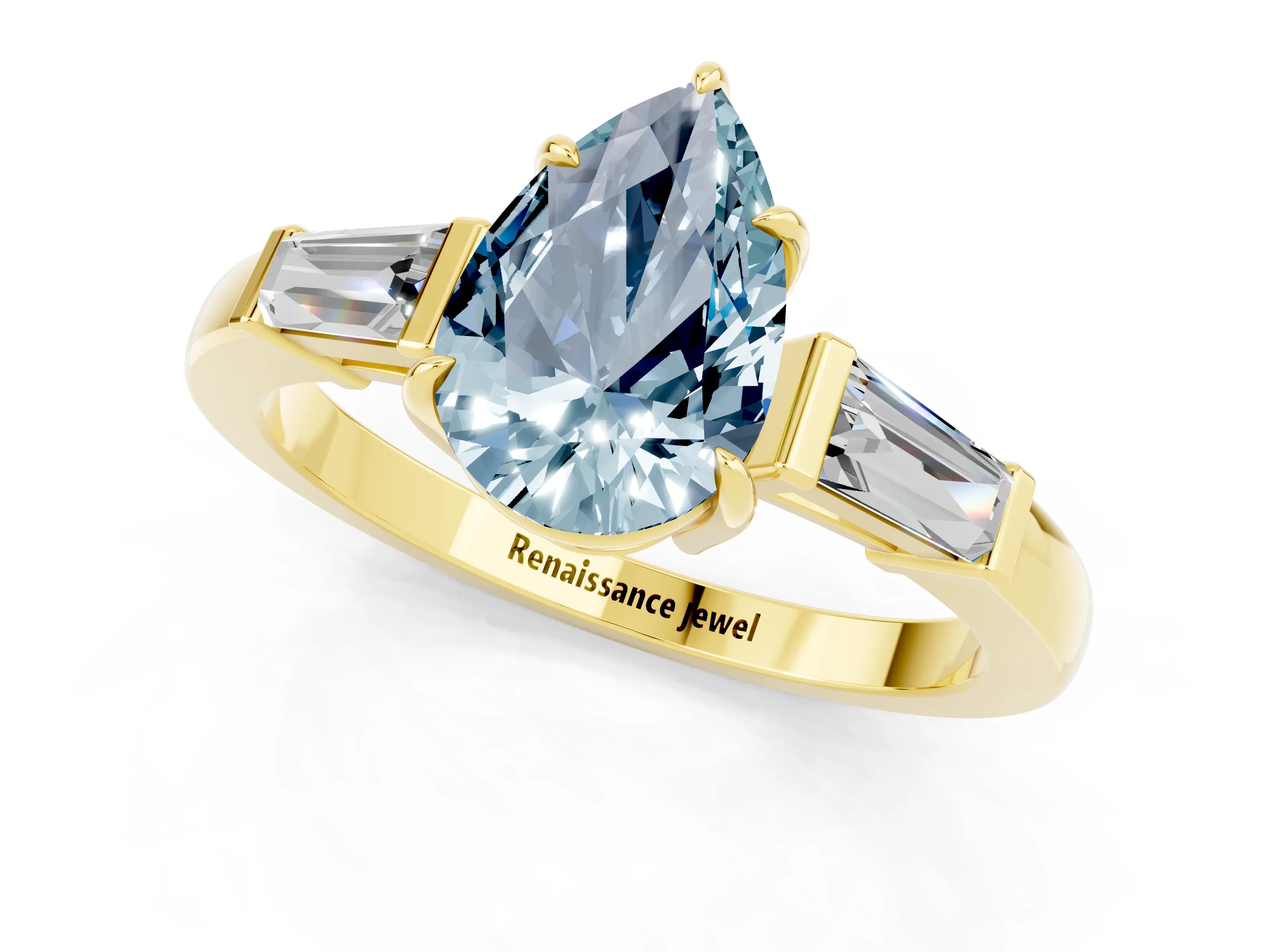 Yellow gold Pear Cut Cut Diamond Ring with Tapered Baguette Side Stones in Four-Prong Setting_1