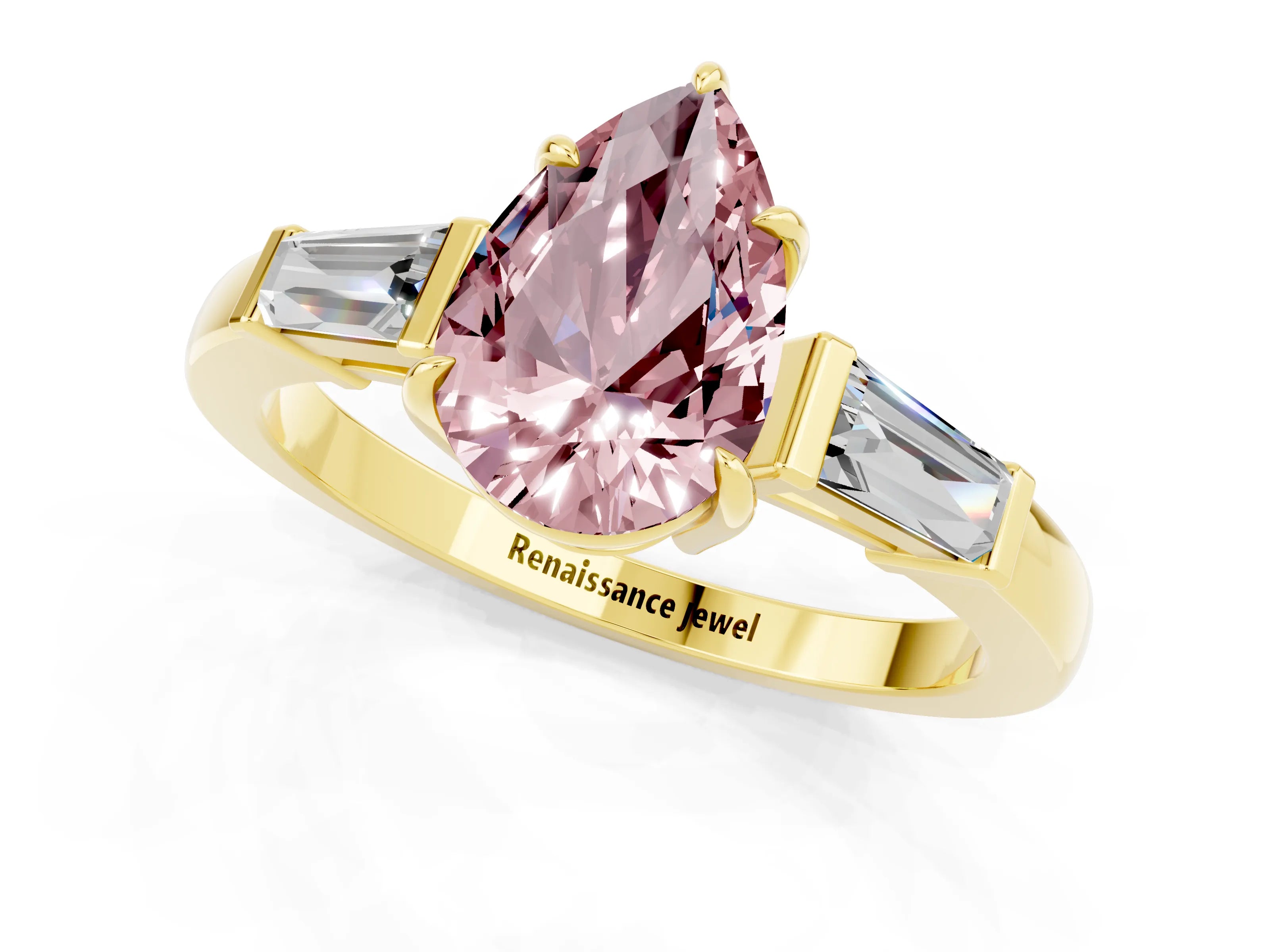 Yellow gold Pear Cut Cut Diamond Ring with Tapered Baguette Side Stones in Four-Prong Setting_1