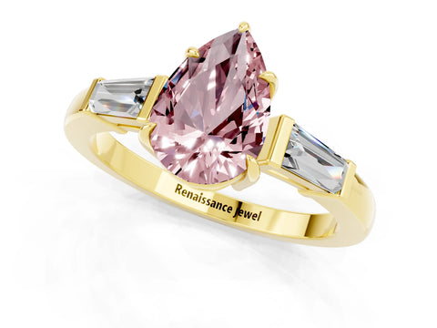 Yellow gold Pear Cut Cut Diamond Ring with Tapered Baguette Side Stones in Four-Prong Setting_1