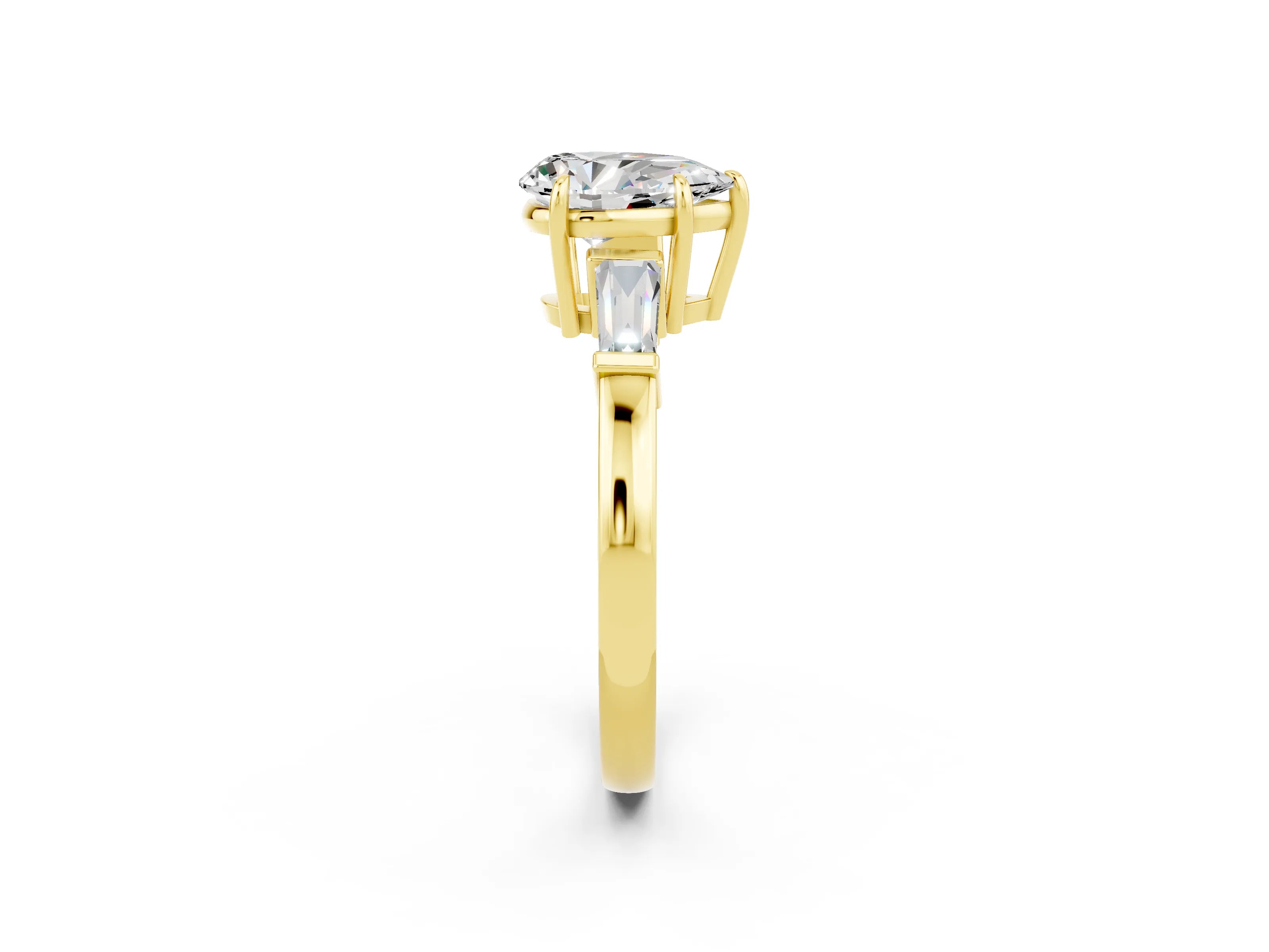 Yellow gold Pear Cut Cut Diamond Ring with Tapered Baguette Side Stones in Four-Prong Setting_2