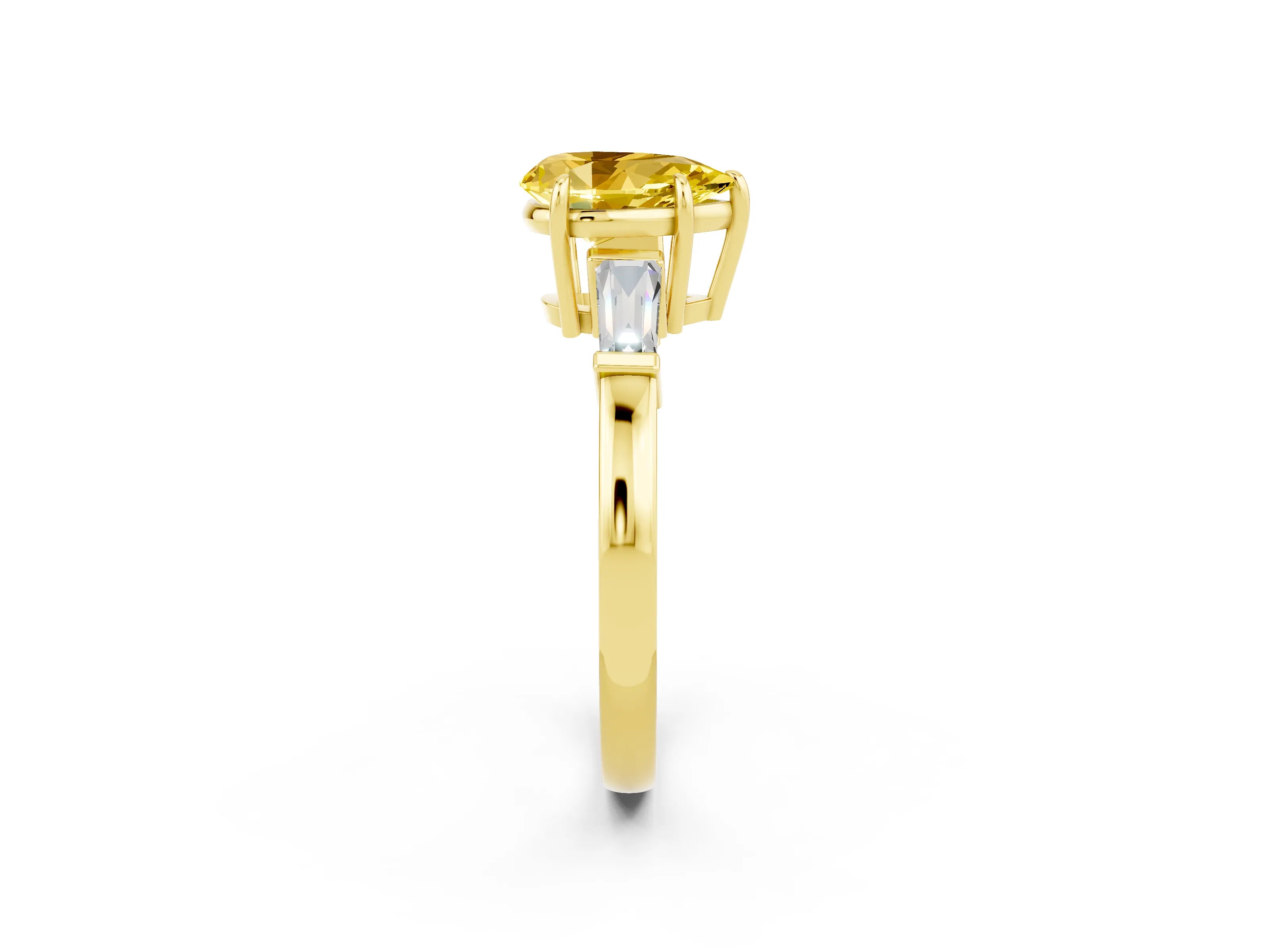 Yellow gold Pear Cut Cut Diamond Ring with Tapered Baguette Side Stones in Four-Prong Setting_2