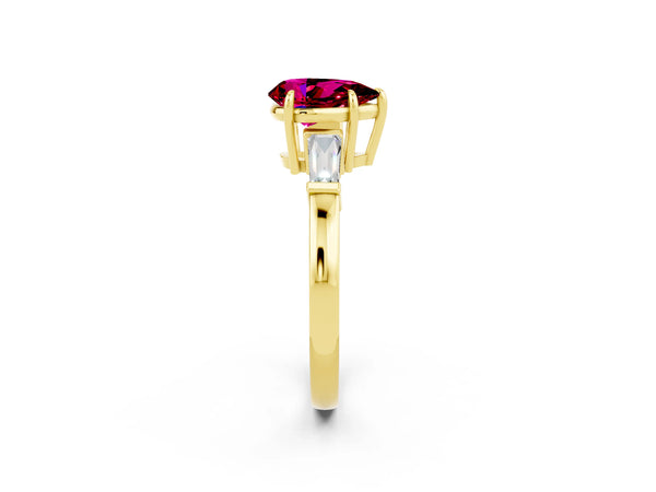 Yellow gold Pear Cut Garnet Three-Stone Ring with Tapered Baguette Side Stones and Prong Setting
