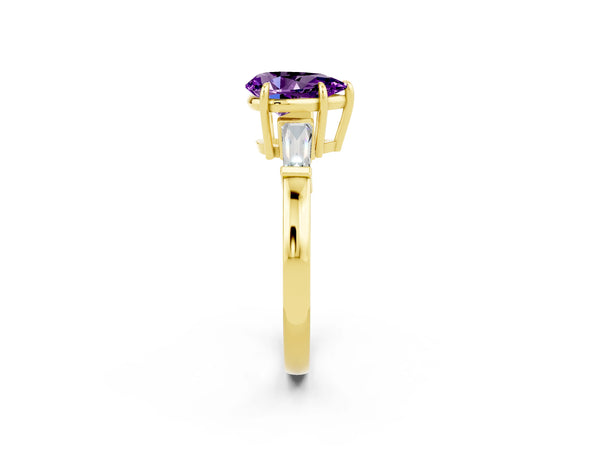 Yellow gold Pear Cut Amethyst Three-Stone Ring with Tapered Baguette Side Stones and Prong Setting