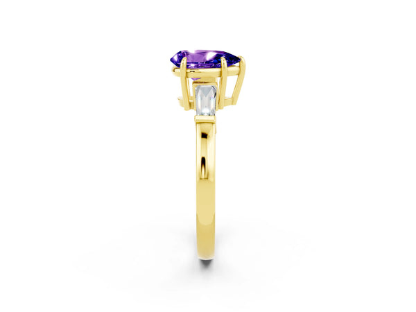 Yellow gold Pear Cut Tanzanite Three-Stone Ring with Tapered Baguette Side Stones and Prong Setting