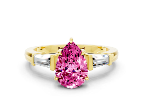 Yellow gold Pear Cut Cut Diamond Ring with Tapered Baguette Side Stones in Four-Prong Setting
