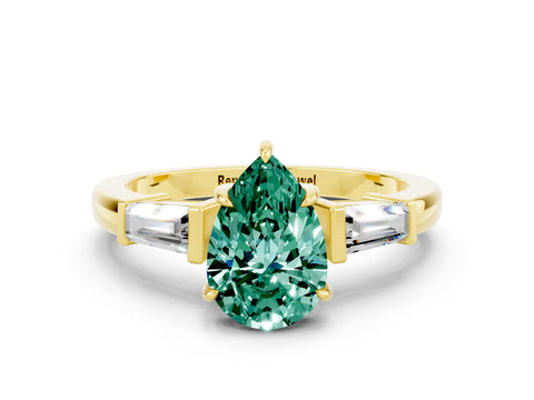Yellow gold Pear Cut Cut Diamond Ring with Tapered Baguette Side Stones in Four-Prong Setting