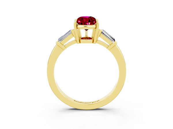 Yellow gold Pear Cut Garnet Three-Stone Ring with Tapered Baguette Side Stones and Prong Setting