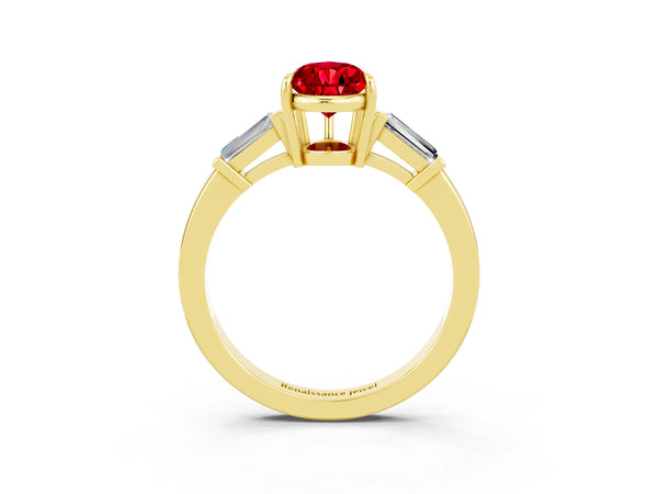 Yellow gold Pear Cut Cut Diamond Ring with Tapered Baguette Side Stones in Four-Prong Setting