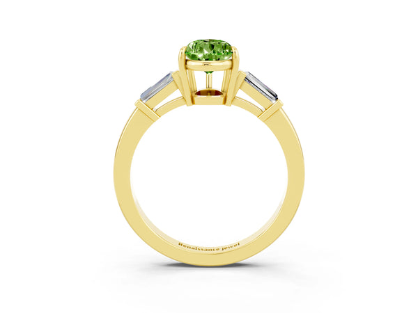 Yellow gold Pear Cut Cut Diamond Ring with Tapered Baguette Side Stones in Four-Prong Setting