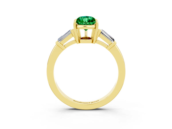 Yellow gold Pear Cut Emerald Three-Stone Ring with Tapered Baguette Side Stones and Prong Setting