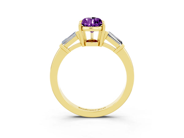 Yellow gold Pear Cut Amethyst Three-Stone Ring with Tapered Baguette Side Stones and Prong Setting