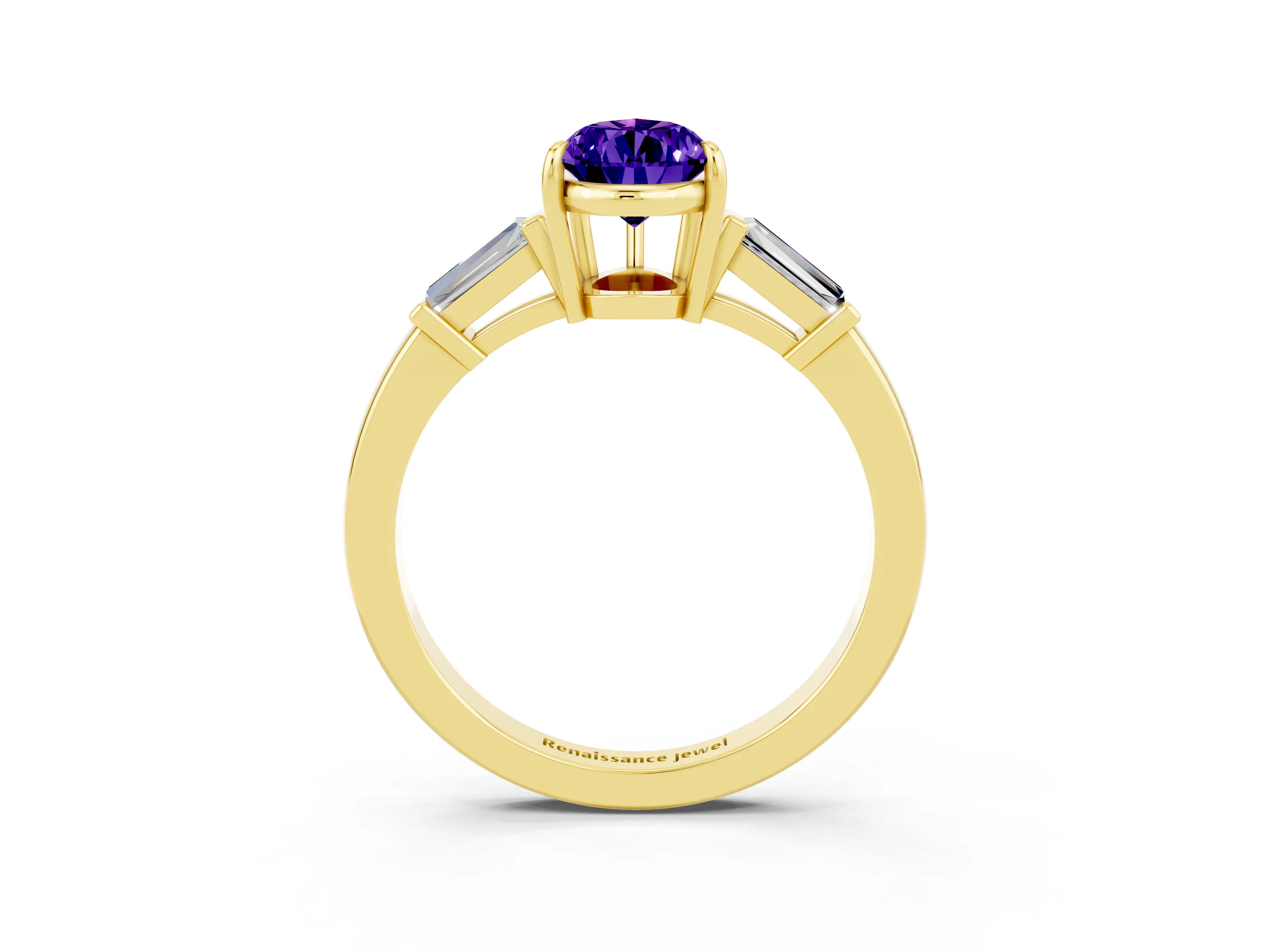 Yellow gold Pear Cut Cut Diamond Ring with Tapered Baguette Side Stones in Four-Prong Setting_3