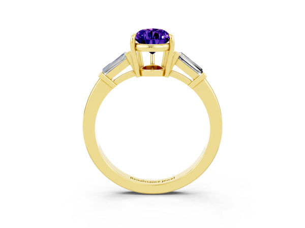 Yellow gold Pear Cut Tanzanite Three-Stone Ring with Tapered Baguette Side Stones and Prong Setting