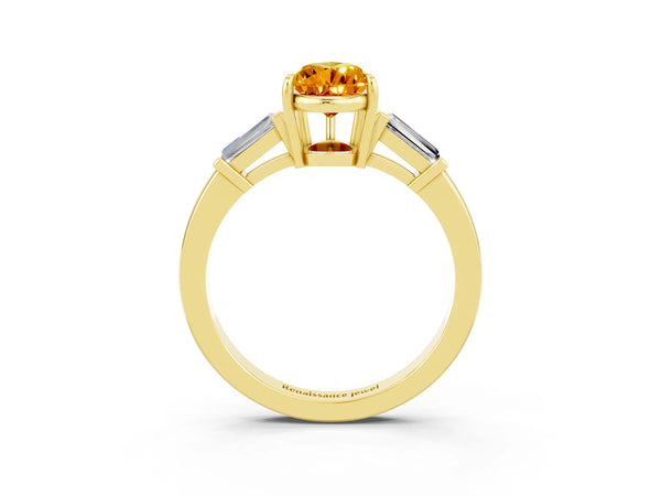 Yellow gold Pear Cut Citrine Three-Stone Ring with Tapered Baguette Side Stones and Prong Setting