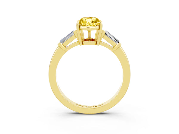 Yellow gold Pear Cut Yellow Sapphire Three-Stone Ring with Tapered Baguette Side Stones and Prong Setting