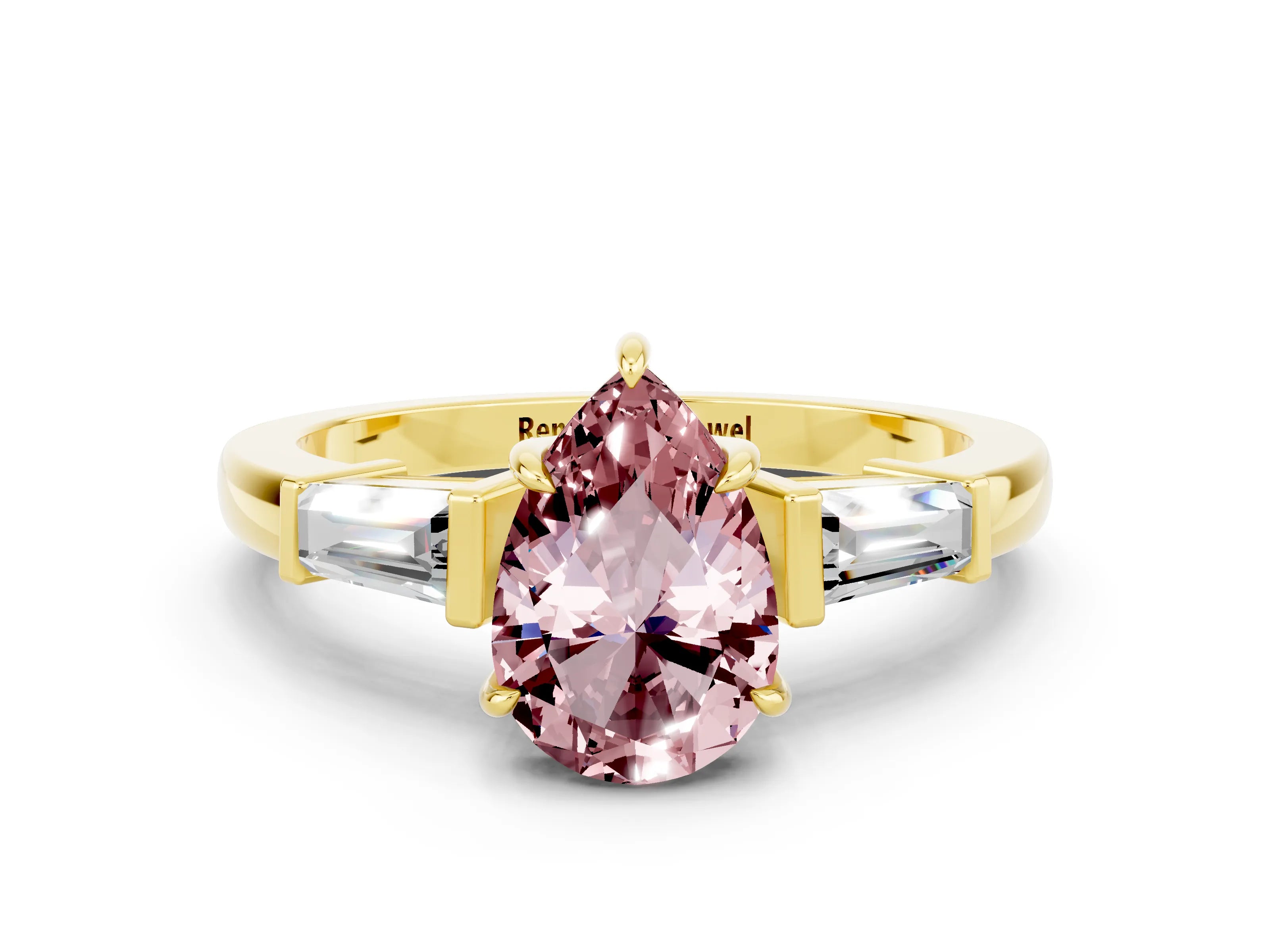 Yellow gold Pear Cut Cut Diamond Ring with Tapered Baguette Side Stones in Four-Prong Setting