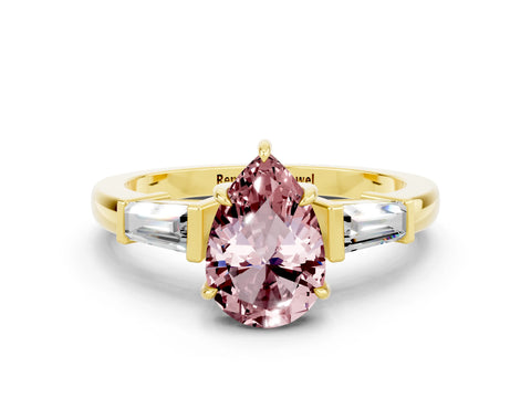 Yellow gold Pear Cut Cut Diamond Ring with Tapered Baguette Side Stones in Four-Prong Setting