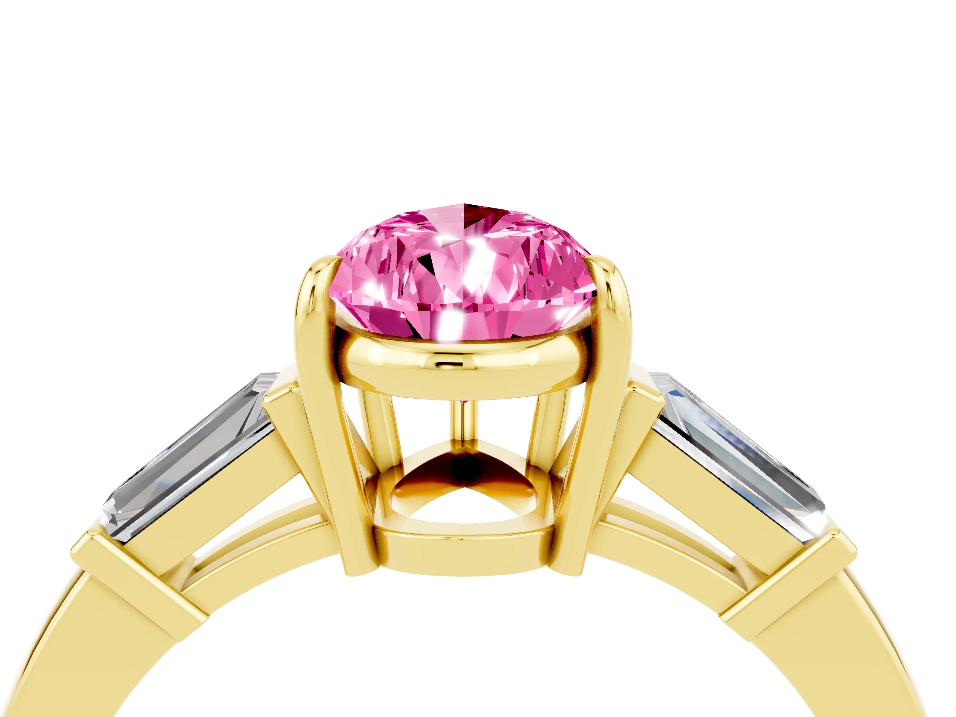 Yellow gold Pear Cut Cut Diamond Ring with Tapered Baguette Side Stones in Four-Prong Setting_4