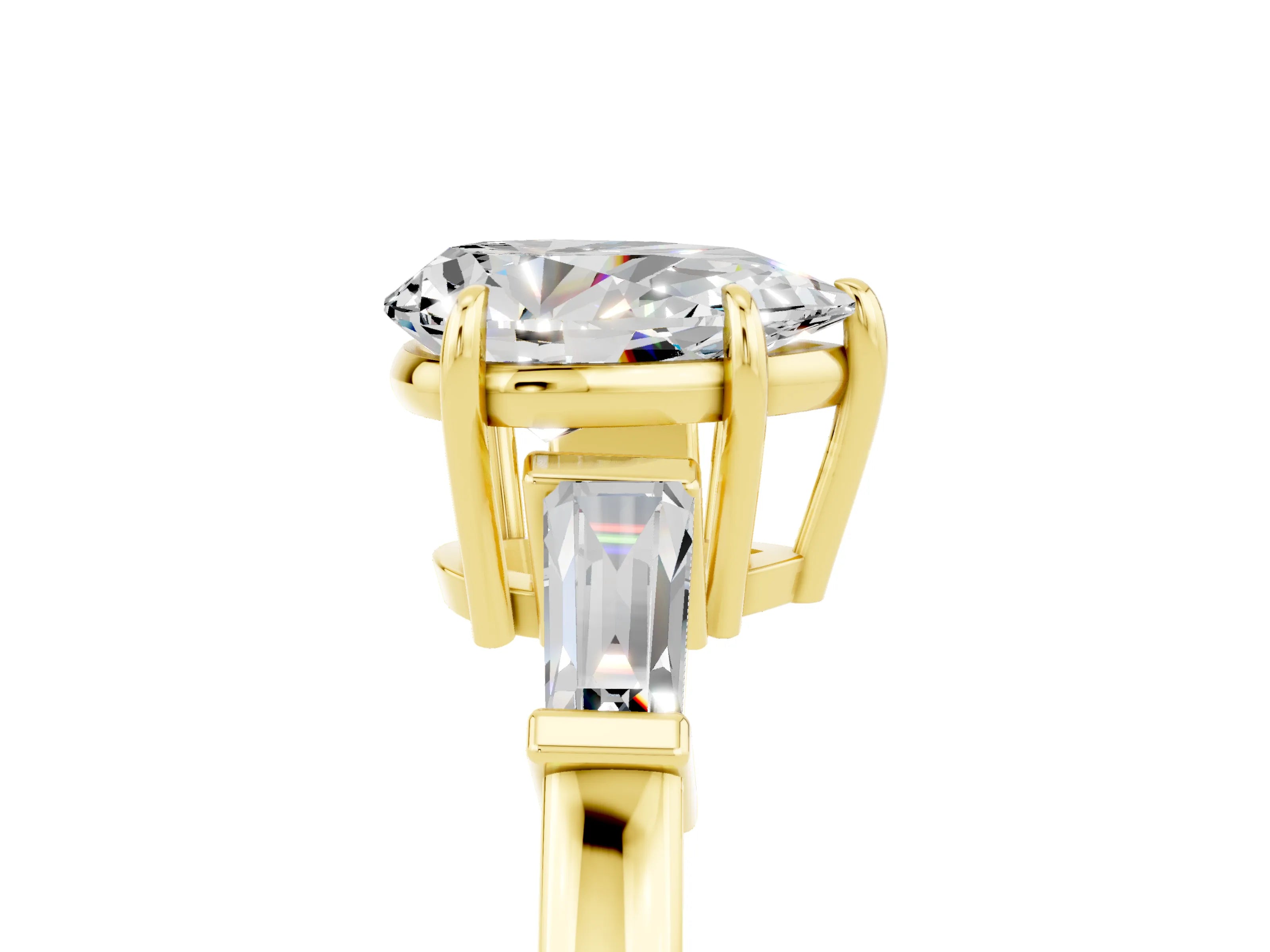 Yellow gold Pear Cut Cut Diamond Ring with Tapered Baguette Side Stones in Four-Prong Setting_5