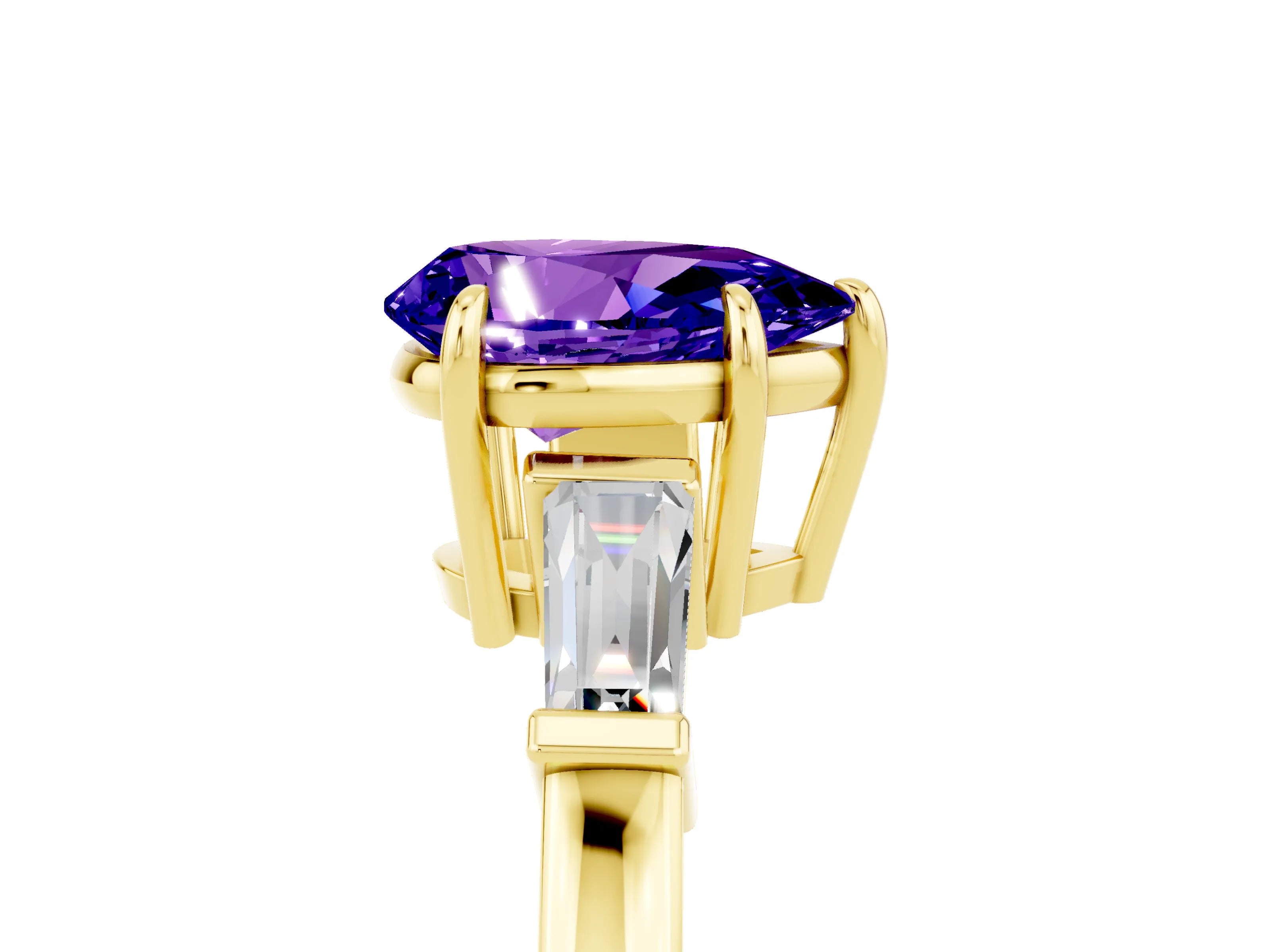 Yellow gold Pear Cut Cut Diamond Ring with Tapered Baguette Side Stones in Four-Prong Setting_5