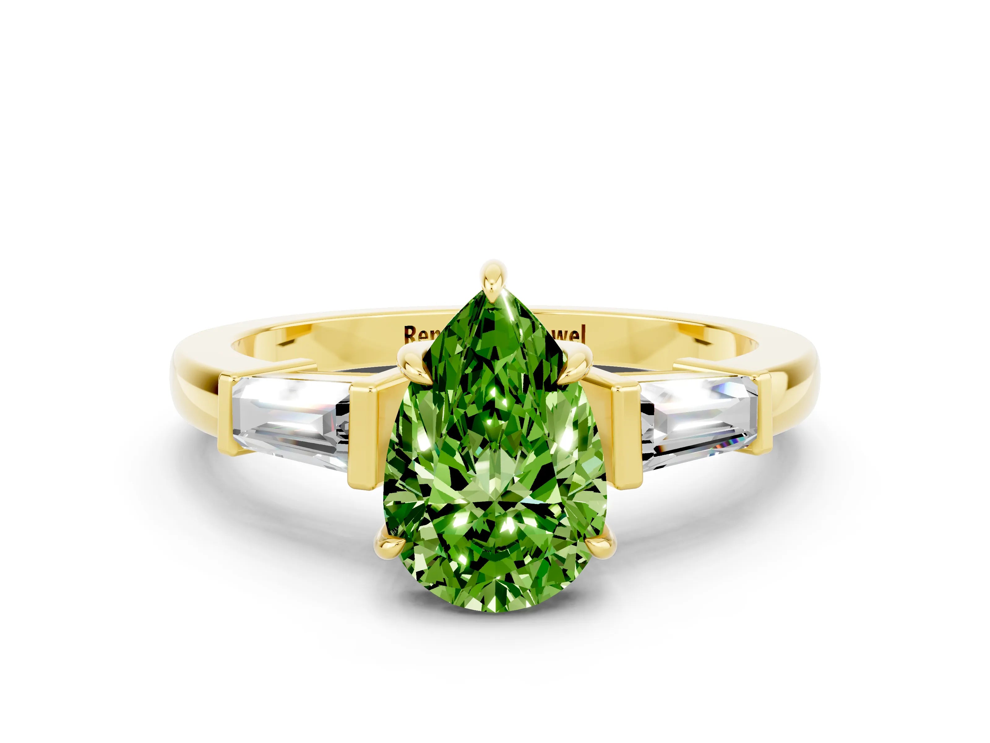 Yellow gold Pear Cut Cut Diamond Ring with Tapered Baguette Side Stones in Four-Prong Setting