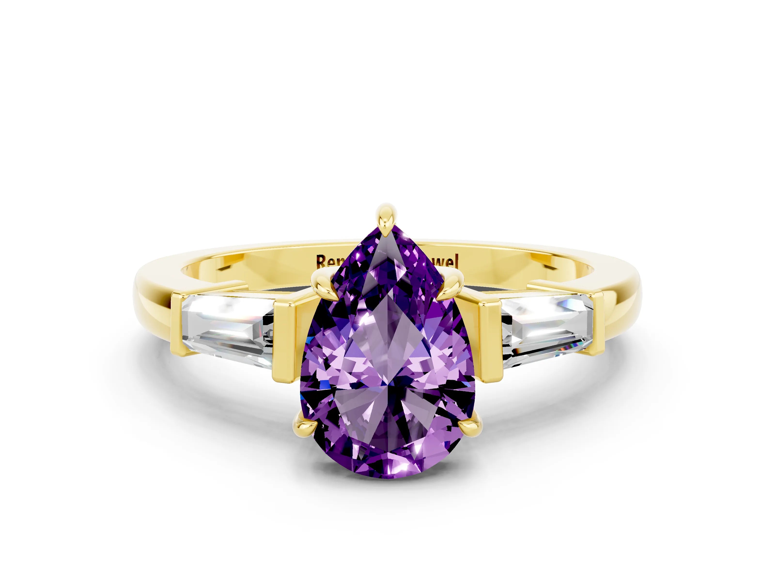 Yellow gold Pear Cut Cut Diamond Ring with Tapered Baguette Side Stones in Four-Prong Setting