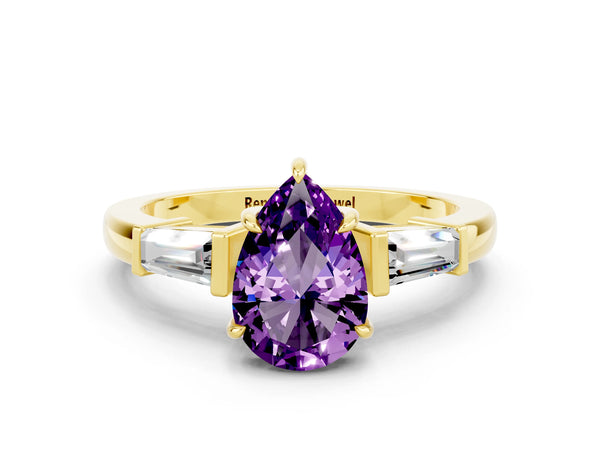 Yellow gold Pear Cut Amethyst Three-Stone Ring with Tapered Baguette Side Stones and Prong Setting