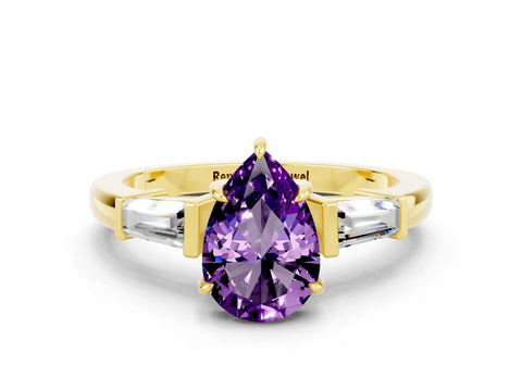Yellow gold Pear Cut Cut Diamond Ring with Tapered Baguette Side Stones in Four-Prong Setting