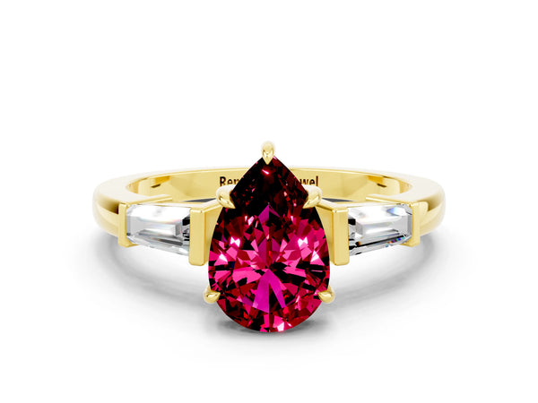Yellow gold Pear Cut Garnet Three-Stone Ring with Tapered Baguette Side Stones and Prong Setting