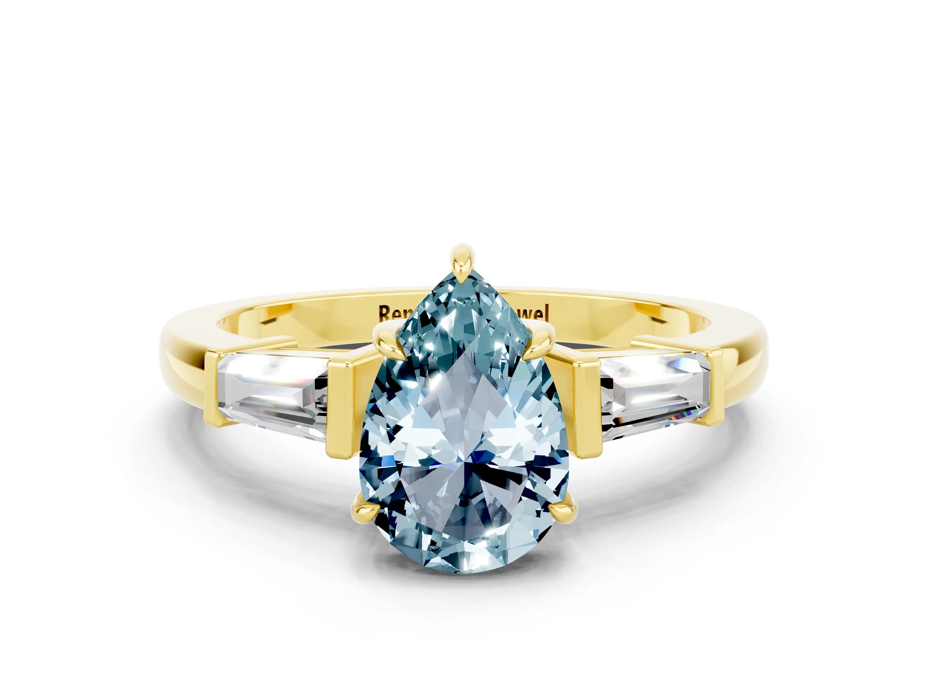 Yellow gold Pear Cut Cut Diamond Ring with Tapered Baguette Side Stones in Four-Prong Setting
