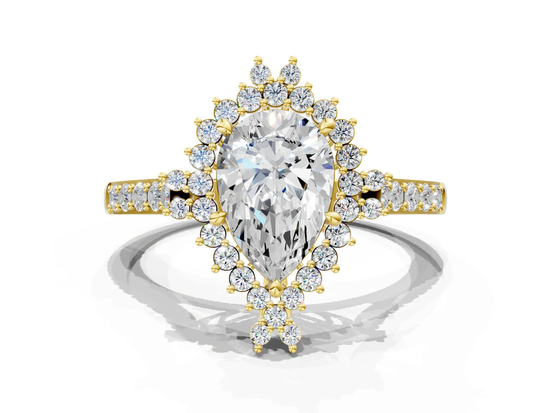 Yellow gold Pear Cut Cut Diamond Sunburst Halo Engagement Ring with Pavé Band_3