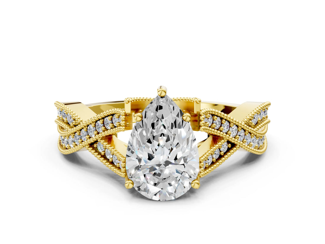 Yellow gold Pear Cut Cut Diamond Twisted Band with Milgrain Pave Setting and Four-Prong Setting_6