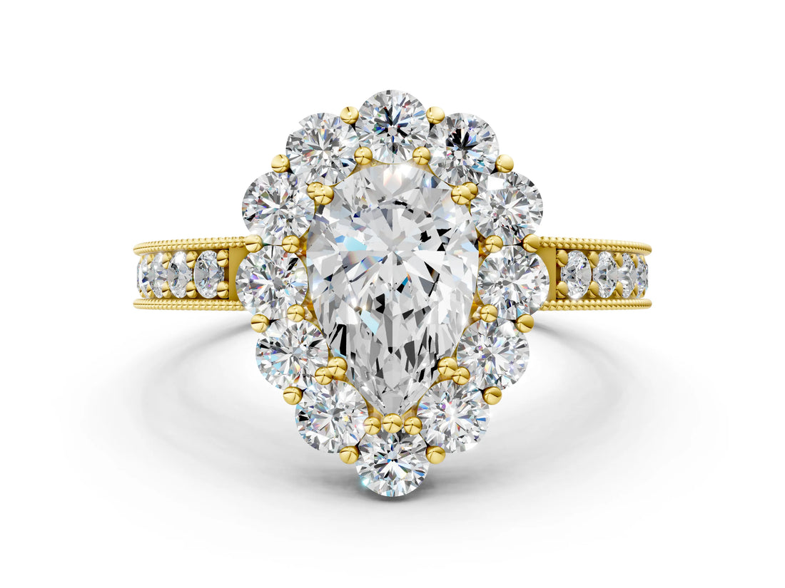 Yellow gold Pear Cut Cut Halo Diamond Pavé Engagement Ring with Milgrain Detailing_15