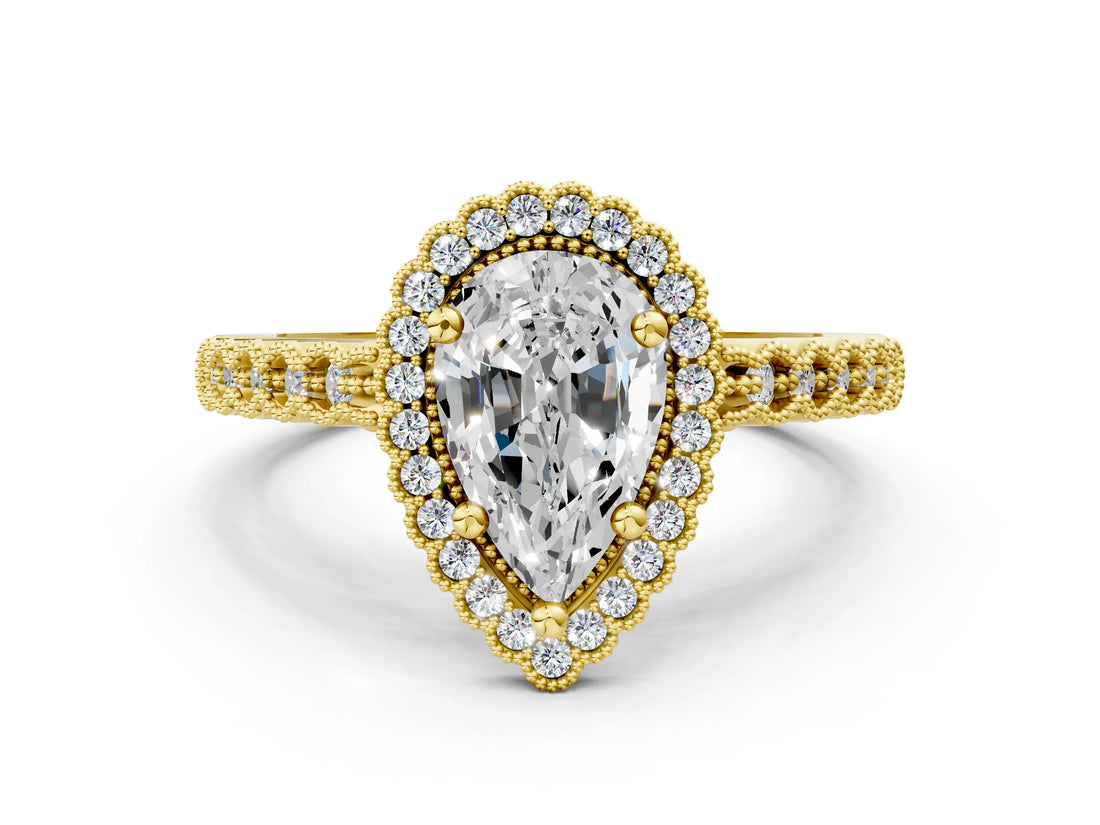 Yellow gold Pear Cut Cut Halo Pavé Solitaire Ring with Milgrain Band_7