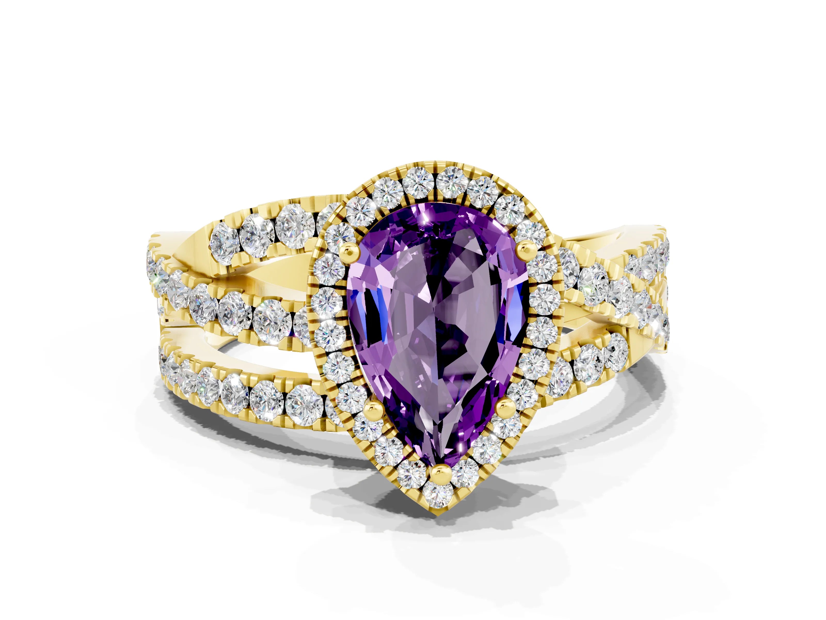 Yellow gold Pear Cut Cut Halo Split Shank Prong Setting Ring_12