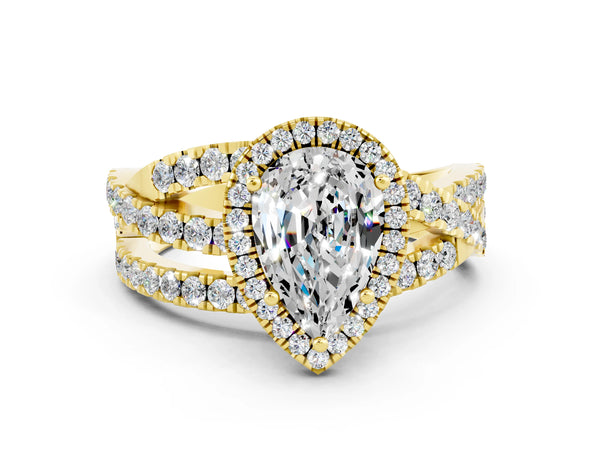 Yellow gold Pear Cut Moissanite Halo Ring with Round Split Shank and Prong Setting